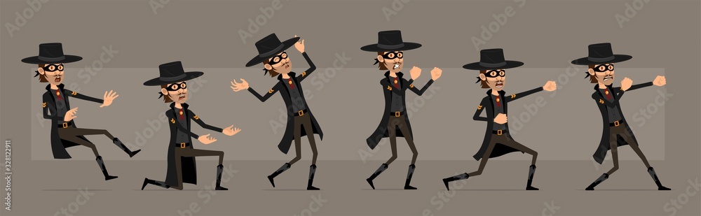 Cartoon cute funny bandit hero in black mask and hat from wild west. Angry thief ready to fight. Ready for animations. Isolated on gray background. Big vector icon set. Cartoon cute funny bandit hero in black mask and hat from wild west. Angry thief ready to fight. Ready for animations. Isolated on gray background. Big vector icon set.
