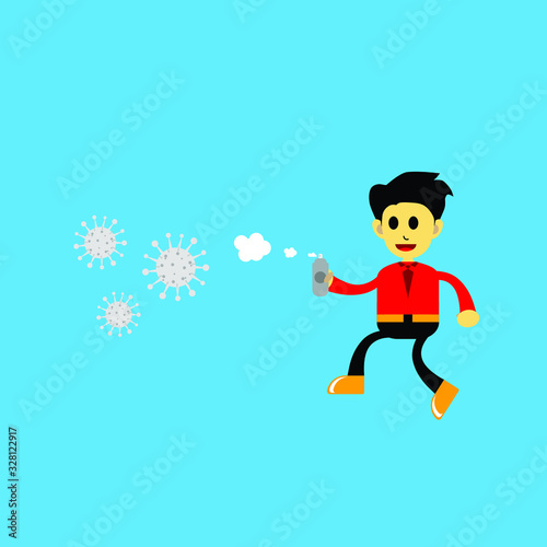 vector illustration of cartoon character killing a virus with a spray bottle