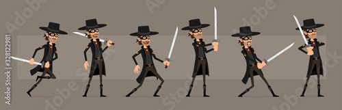 Cartoon cute funny bandit hero in black mask and hat from wild west. Smiling thief fighting with katana sword. Ready for animations. Isolated on gray background. Big vector icon set.
