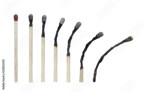 Burned, extinguished matches isolated on white background, clipping path