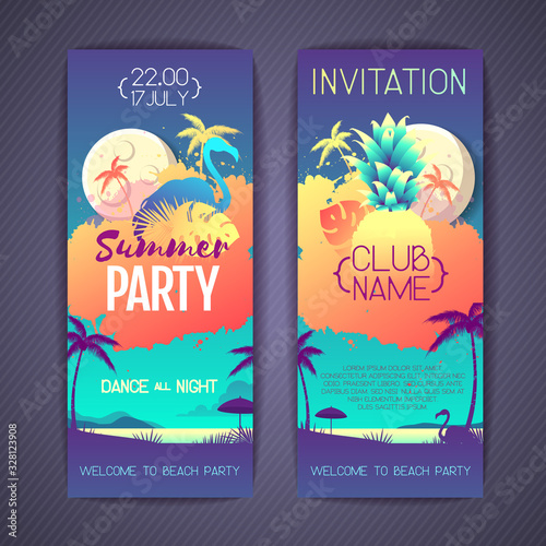 Set Colorful summer disco party posters with fluorescent tropic leaves, pineapple and flamingo. Invitation design. Summertime beach background