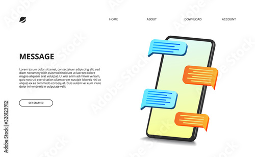 3D isometric perspective mobile phone illustration with bubble chat message concept.