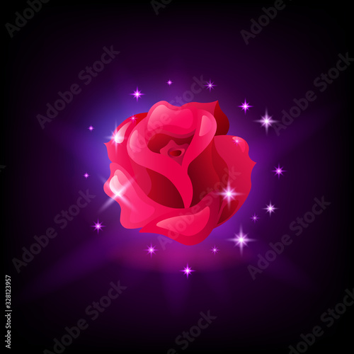 Red rose flower slot machine icon with sparkles on dark background, gambling game design, vector illustration.