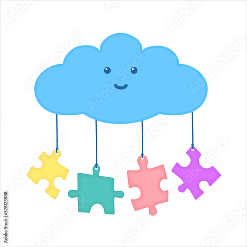 Autism disorder awareness poster. Toy cloud with hanging jigsaw puzzle pieces on white background. Solidarity and support vector illustration. Healthcare and medical concept.