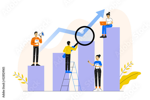 Business concept.  Office people working together on the columns. Business graph analysis. Team metaphor. Lifting up. Analyzing of the evolutionary scale. Career making. Vector illustration.