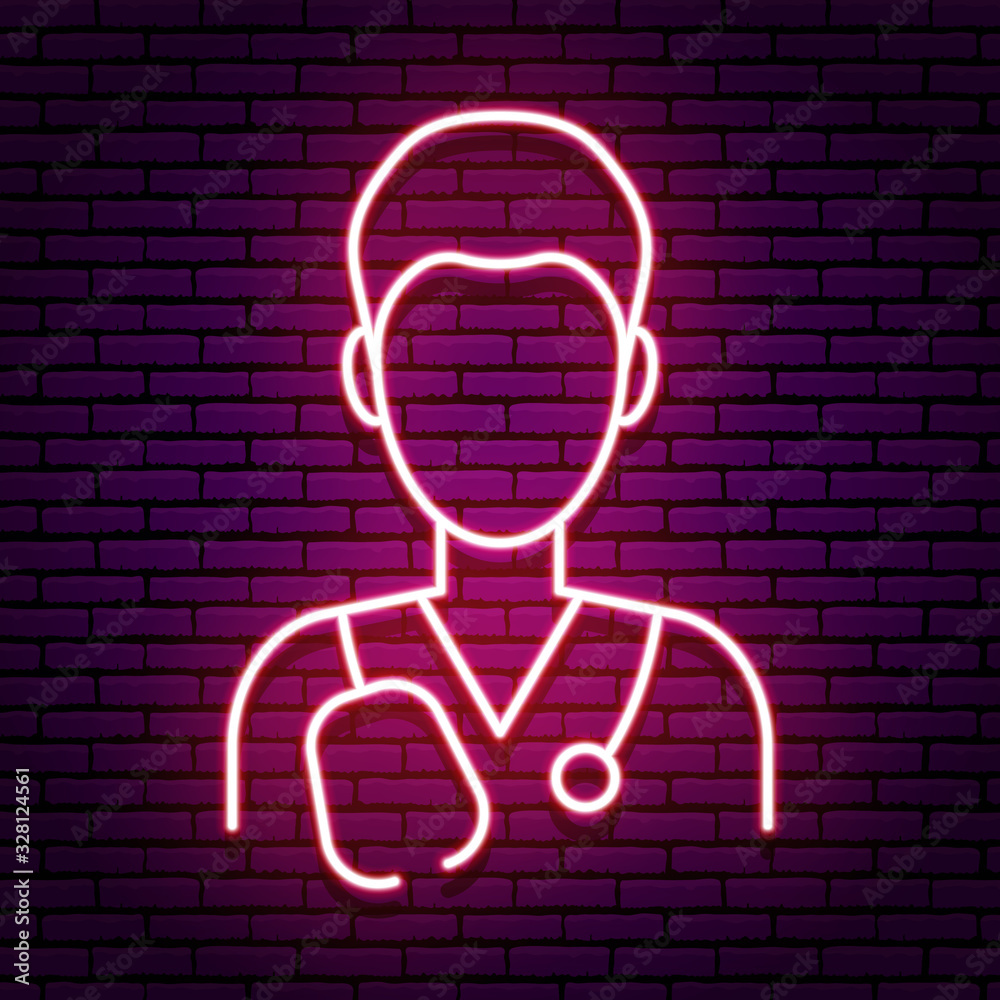 Neon sign in the form of an icon of a male doctor. Red colors on a brick wall background. A phonendoscope rests on his shoulders. Isolated. Neon sign in the form of an icon of a male doctor. Red colors on a brick wall background. A phonendoscope rests on his shoulders. Isolated.