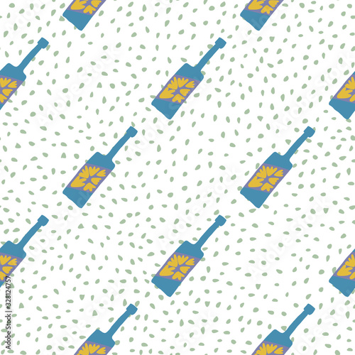 Funny glass bottle seamless pattern. Alcohol rum bottles on dots background.Bar menu backdrop