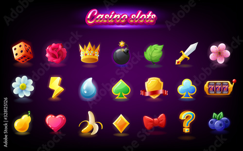 Colorful slots icon set for casino slot machine, gambling games, icons for mobile arcade and puzzle games vector