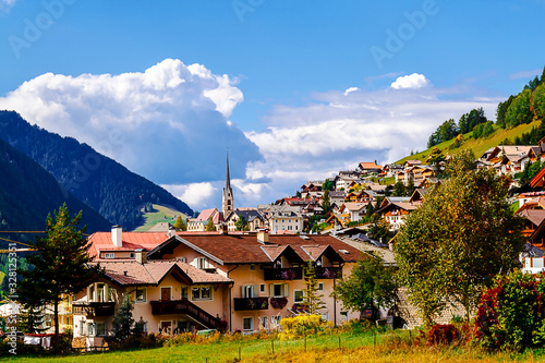 The alpine village Santa Cristina di Valgardena in Dolomites, Italy.