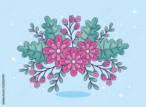 cute flowers with leafs decoration design
