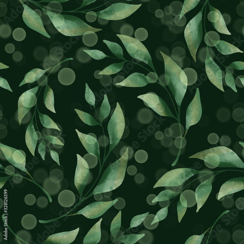 Green leaves and branches seamless pattern on black. Watercolor illustration