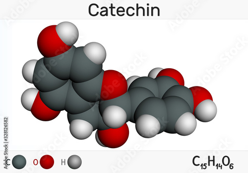 Catechin, flavonoid, C15H14O6 molecule. It is flavanol, a type of natural phenol and antioxidant. Molecular model photo