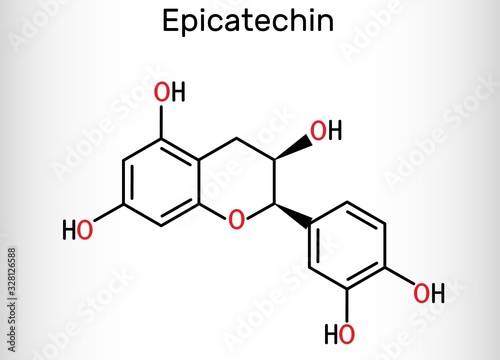 Epicatechin, L-epicatechin, catechin, flavonoid, C15H14O6 molecule. It is flavanol, a type of natural phenol and antioxidant. Skeletal chemical formula. Vector illustration 