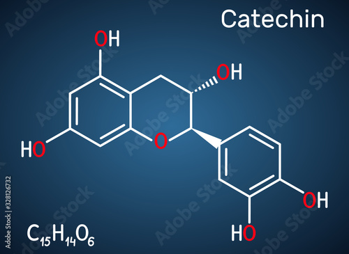 Catechin, flavonoid, C15H14O6 molecule. It is flavanol, a type of natural phenol and antioxidant. Structural chemical formula on the dark blue background