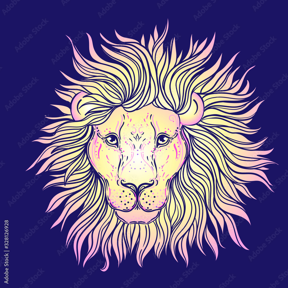 Patterned ornate lion head. African, Indian, totem, tattoo, sticker design. Design of t-shirt, bag, postcard and posters. Vector isolated illustration in bright neon colors. Zodiac sign Leo.