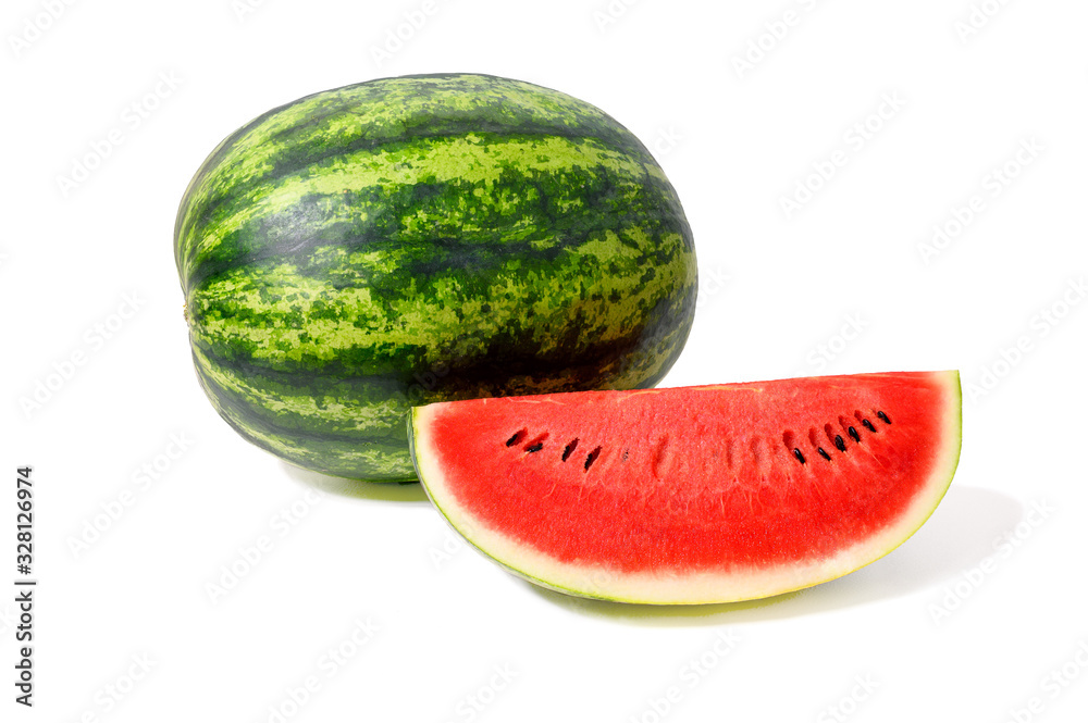 Watermelon and watermelon slice one piece isolated on white background. Watermelon and watermelon slice one piece isolated on white background.