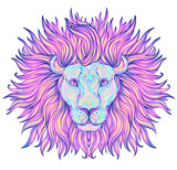 Patterned ornate lion head. African, Indian, totem, tattoo, sticker design. Design of t-shirt, bag, postcard and posters. Vector isolated illustration in bright neon colors. Zodiac sign Leo.