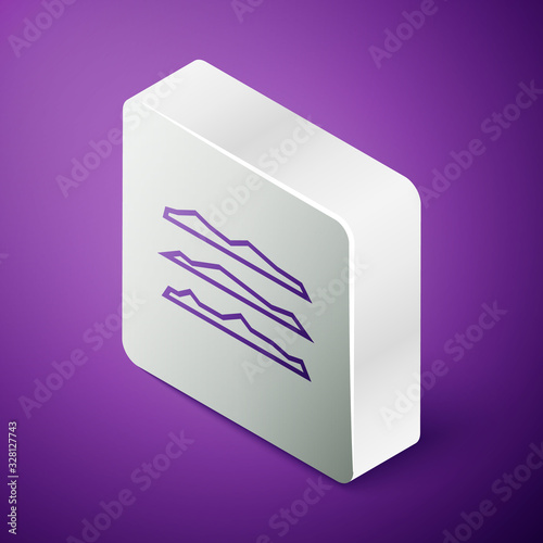 Isometric line Strips of cocaine or heroin drug icon isolated on purple background. Silver square button. Vector Illustration