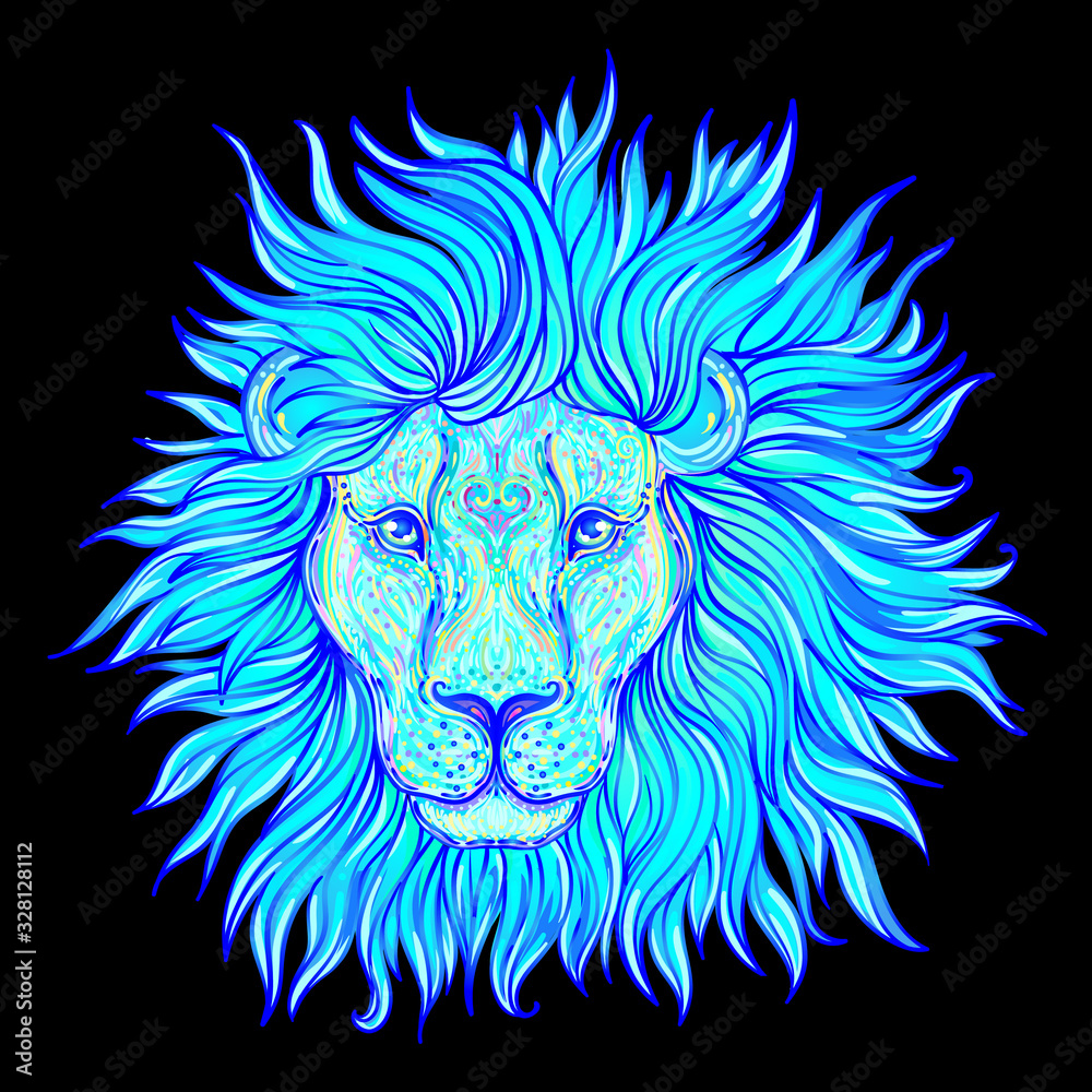 Patterned ornate lion head. African, Indian, totem, tattoo, sticker design. Design of t-shirt, bag, postcard and posters. Vector isolated illustration in bright neon colors. Zodiac sign Leo. Patterned ornate lion head. African, Indian, totem, tattoo, sticker design. Design of t-shirt, bag, postcard and posters. Vector isolated illustration in bright neon colors. Zodiac sign Leo.