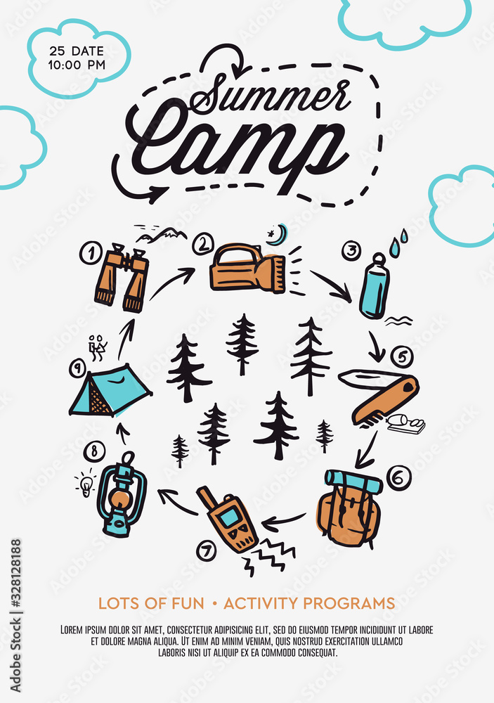 Summer Camp poster. Tent, Campfire, Pine forest and rocky mountains background, vector illustration. Summer Camp poster. Tent, Campfire, Pine forest and rocky mountains background, vector illustration.