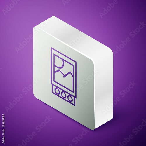 Isometric line Open matchbox and matches icon isolated on purple background. Silver square button. Vector Illustration