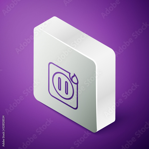 Isometric line Electric wiring of socket in fire icon isolated on purple background. Electrical safety concept. Plug outlet on fire. Silver square button. Vector Illustration