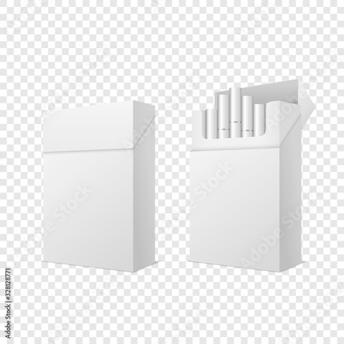 Vector Realistic Closed and Opened Clear Blank Empty and with Cigarettes Pack Box Set Isolated on Transparent Background. Design Template. Smoke Problem Concept, Tobacco, Cigarette Mockup. Side View