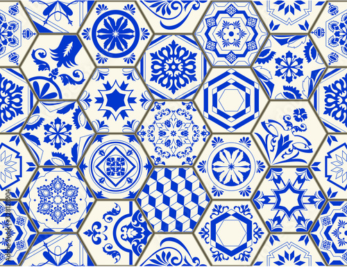 Indigo Blue Flower Azulejos Pattern Lisbon Set Paint Tile Floor Oriental Spain Collection Seamless Pattern Portugal Geometrichexagonal  Ceramic Design Tile Vintage Illustration background Vector Textu