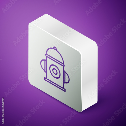 Isometric line Fire hydrant icon isolated on purple background. Silver square button. Vector Illustration