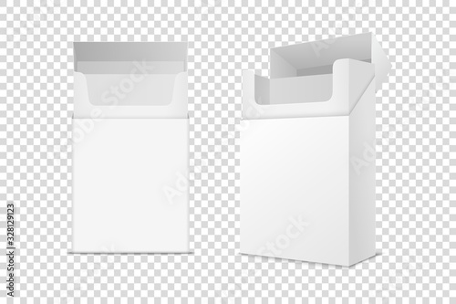 Vector Realistic Closed and Opened Clear Blank Empty Pack Box Set Isolated on Transparent Background. Design Template. Smoke Problem Concept, Tobacco, Cigarette Mockup. Front and Side View