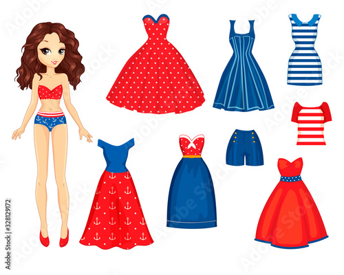 Paper Doll With Set Of Retro Fashion Clothes