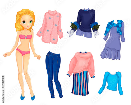 Paper Doll With Warm Blue And Pink Clothes
