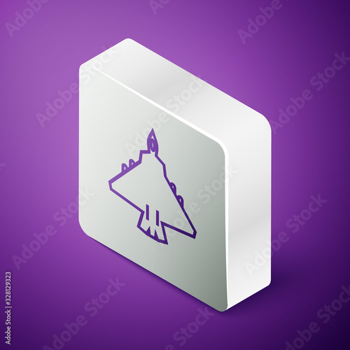 Isometric line Jet fighter icon isolated on purple background. Military aircraft. Silver square button. Vector Illustration