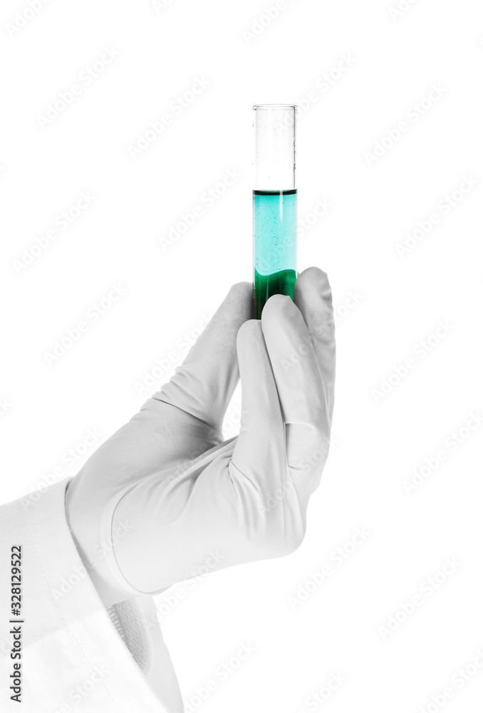 Chemistry . Hand in glove holding glass tube isolated on white Chemistry . Hand in glove holding glass tube isolated on white