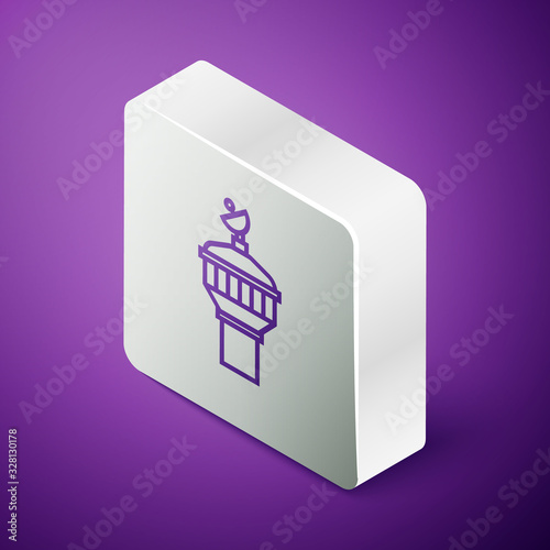 Isometric line Radar icon isolated on purple background. Search system. Satellite sign. Silver square button. Vector Illustration