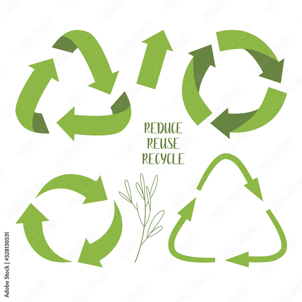 Obraz premium Set of green recycling signs and sprig with leaves, isolated on white background. Vector reuse symbols. Perfect for ecological design, eco-friendly packaging. Zero waste lifestyle.