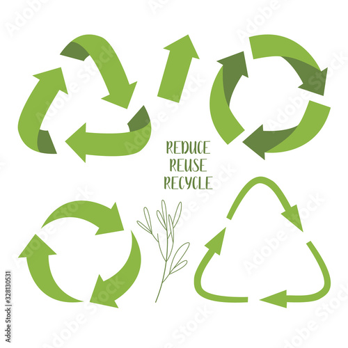 Set of green recycling signs and sprig with leaves, isolated on white background. Vector reuse symbols. Perfect for ecological design, eco-friendly packaging. Zero waste lifestyle.