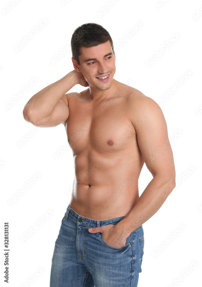 Man with sexy body on white background