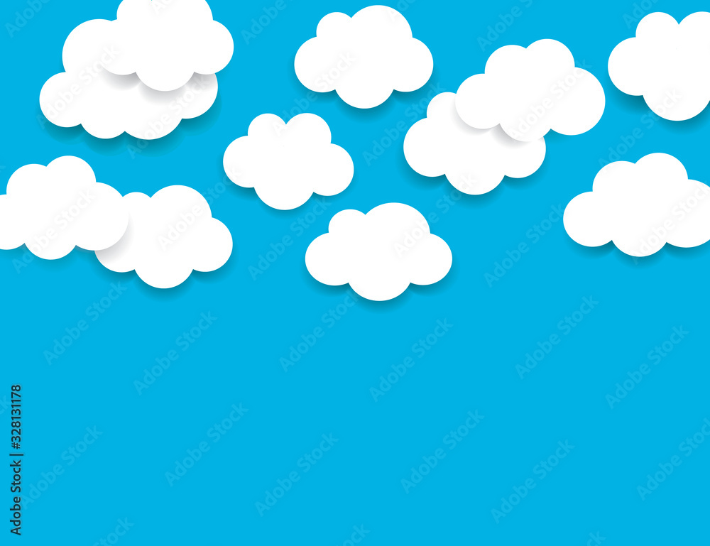 Light blue sky with fluffy white clouds background. Paper cartoon clouds with shadow. Can be used as border, icon, sign, element for web design or business presentations. Simple vector illustration.