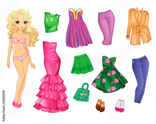 Paper Doll With Clothes In Pink And Green Colors