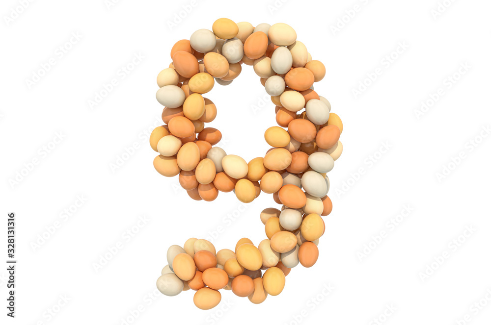 Number 9 from chicken eggs, 3D rendering Number 9 from chicken eggs, 3D rendering
