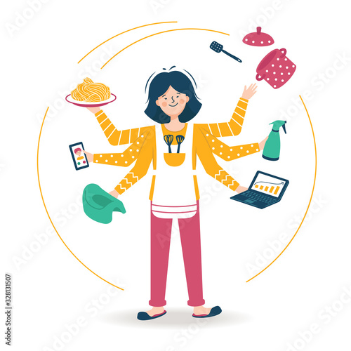 Super mom. A housewife does many things at the same time and juggles items. The woman cleans the house, cooks, answers the phone and works on the computer