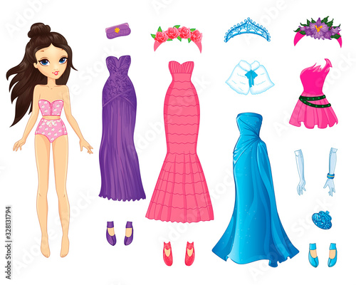 Cute Paper Doll With Evening Fabulous Dresses