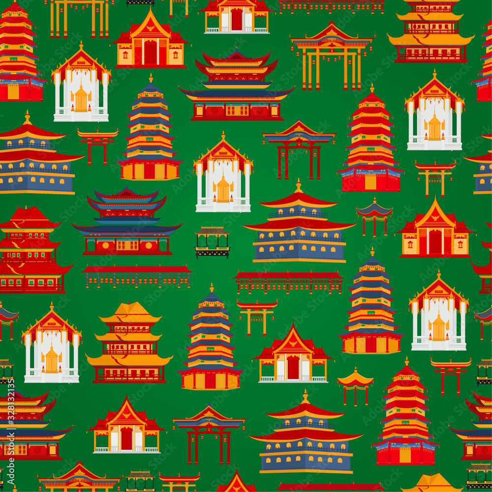 Seamless vector pattern with Chinese traditional buildings and temples on a dark green background