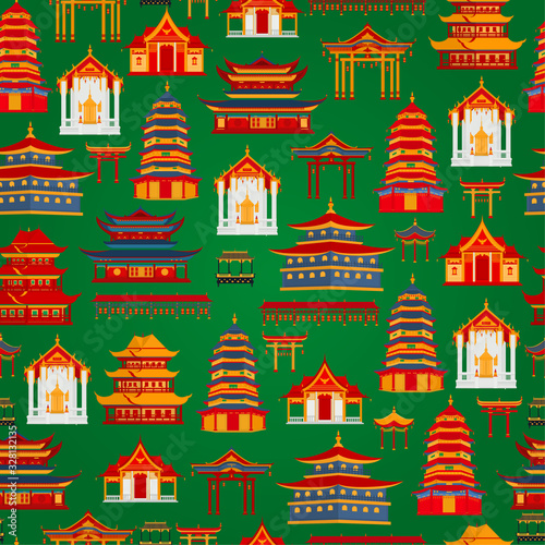  Seamless vector pattern with Chinese traditional buildings and temples on a dark green background