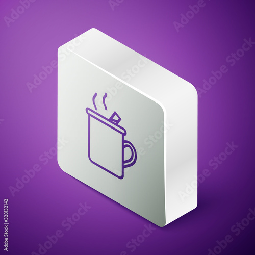 Isometric line Mulled wine with glass of drink and ingredients icon isolated on purple background. Cinnamon stick, clove, lemon slice. Silver square button. Vector Illustration