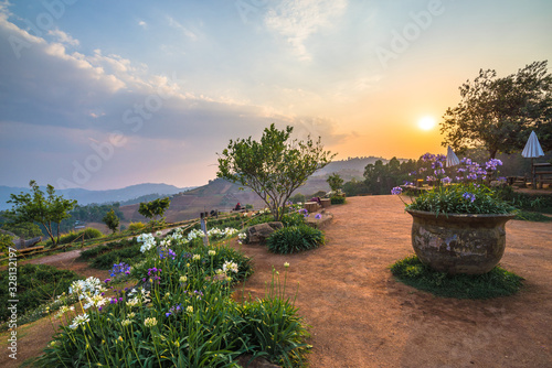 Landscape of Mon Jam, famous travel destination on mountain in Chiang Mai, with beautiful sunset sky (Chiang Mai, Thailand)