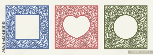Set of colorful photo frames with a hole in the shape of a circle, heart, square. Lace floral ornament with leaf patterns. Template for laser cutting, metal engraving, wood carving, paper cut. Vector.