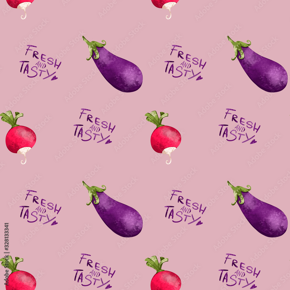 Bright radish and purple eggplant seamless pattern cute textural digital art on a pink background. Print for cards, packaging, restaurants, banners, posters, fabrics, wrapping paper, covers.