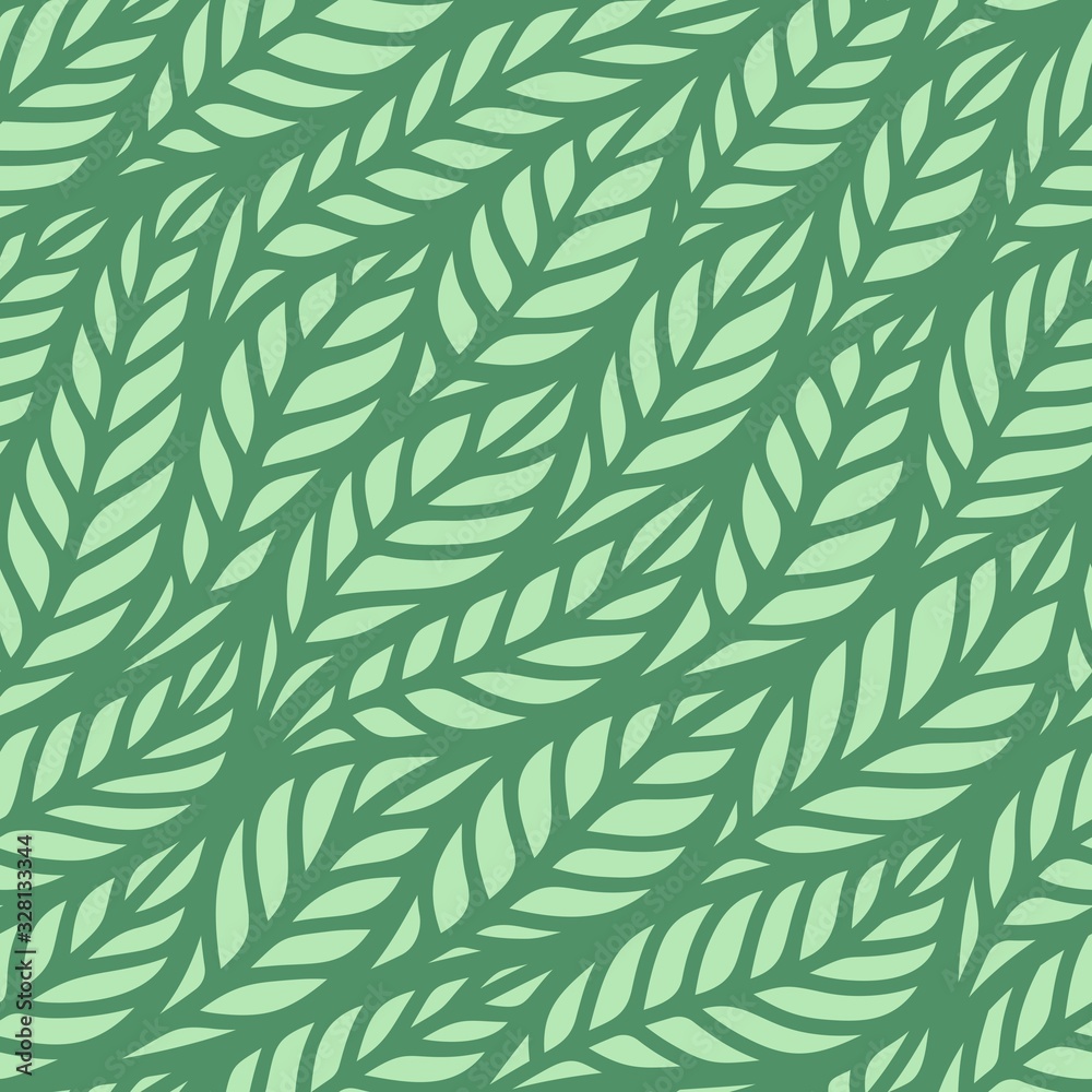 Seamless pattern with waves of leaves. Flower theme. Green background for summer and spring. Repeating texture for wallpaper design, website, print, fabrics, wrapping paper, textile. Vector image.